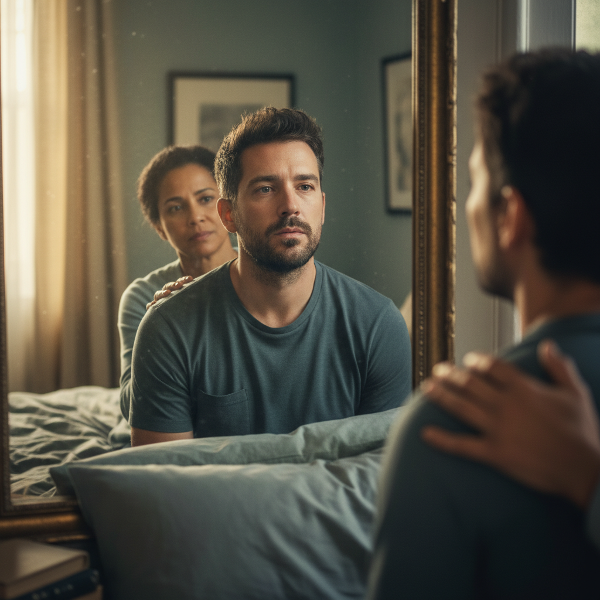 גבר מביט במבט מרוחק בהשתקפותו בזמן אינטימיות, בעוד בן זוגו מושיט יד. התמונה מעבירה תחושה של ניתוק וחרדה שקטה.