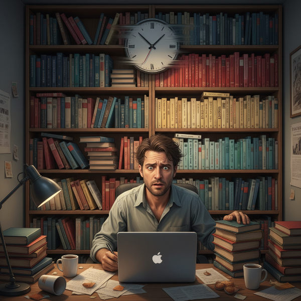 גבר צעיר בחדר עבודה, נאבק בין הצורך לכתוב במחשב לבין הדחף הכפייתי לסדר מחדש את ספריו על המדף בצורה מושלמת.
