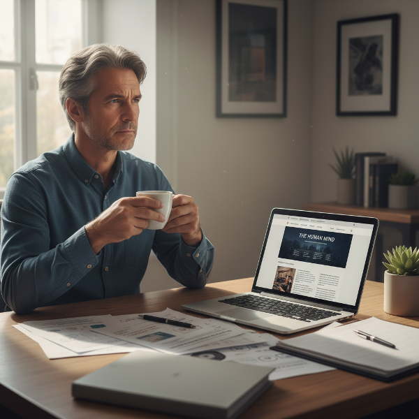 גבר בן 52 יושב ליד שולחן עבודה עם מחשב נייד, מביט בחלון בבוקר תוך כדי הרהור על שאלותיו ותשובת הפסיכולוגית.
