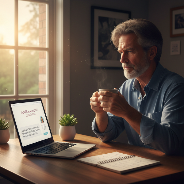 גבר בן 54 בחדר עבודה ביתי, מביט במסך מחשב עם אתר פסיכולוגי, נראה עייף אך מקבל תשובה תומכת. על השולחן יומן עם משימות קטנות מסומנות ואור בוקר נכנס מהחלון.