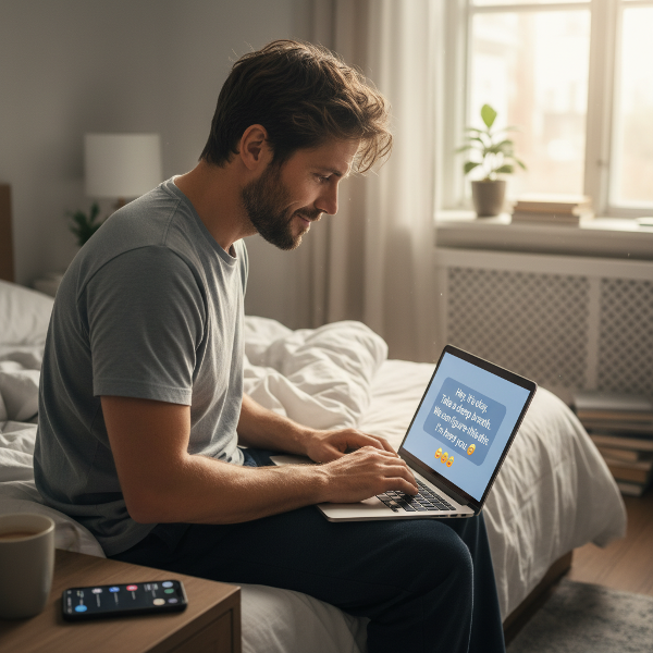 גבר בן 43 יושב על מיטתו בבוקר, קורא תשובה מפורטת ומעודדת על מסך המחשב, בסביבה שקטה המשקפת את הקושי היומיומי שלו ואת החיפוש אחר פתרון.