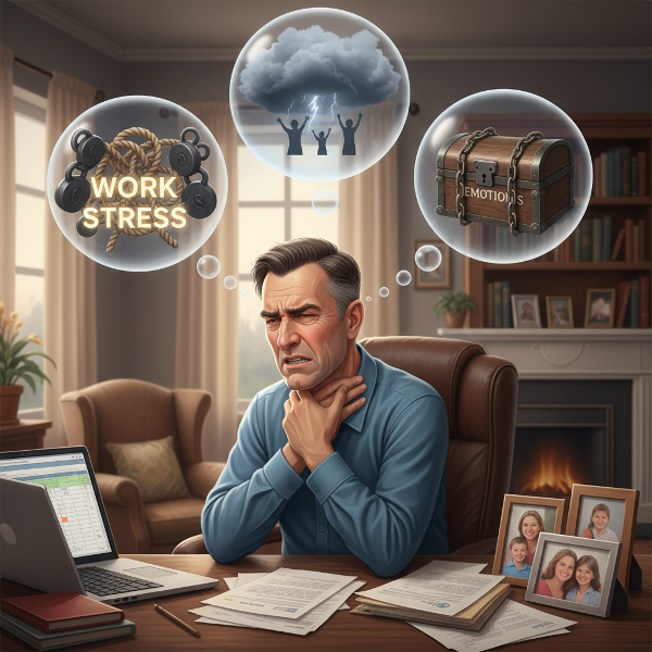 גבר בשנות ה-50 לחייו בחדר עבודה ביתי, אוחז בכאב בצווארו, עם בועות מחשבה הממחישות את מקורות הלחץ הנפשי והפיזי שלו.