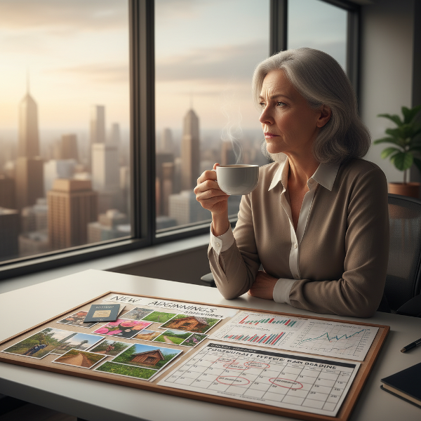 אישה בת 57 במשרד, מביטה בחלון במחשבה. על שולחנה לוח חזון עם תמונות של קריירה חדשה לצד גרפים פיננסיים, באור רך ומלא תקווה.