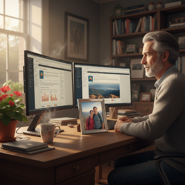 גבר בן 52 במשרד ביתי, מביט בתמונה זוגית ישנה, מוקף בשגרת עבודה ונוסטלגיה להרפתקאות שאבדו.