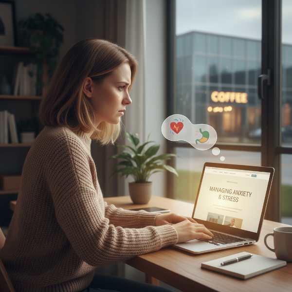 פסיכולוגית צעירה בעלת עסק מקוון חווה חרדה כשחושבת על קידום העסק מחוץ לבית, בעוד התשובה המקוונת מציעה אור של תקווה והדרגתיות.