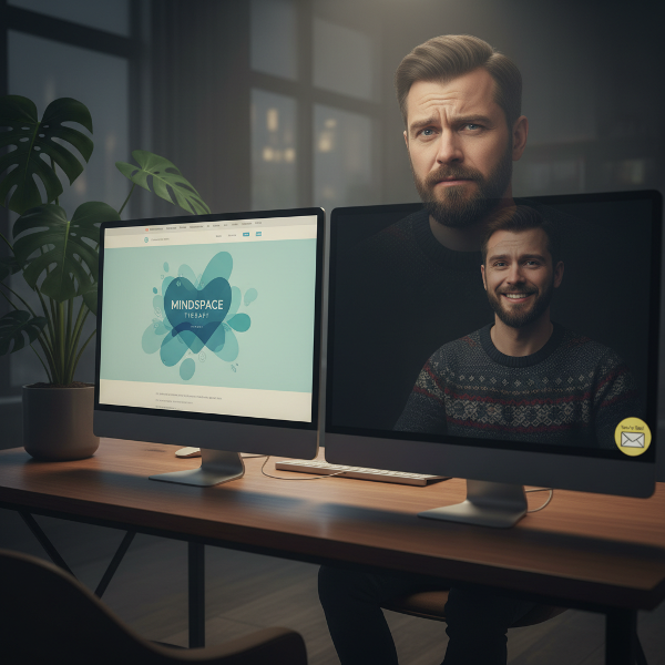 פסיכולוג מבוגר מול מחשבו, מתבונן בהשתקפותו עם ספק, בעוד דימוי של ביטחון עצמי נראה ברקע.