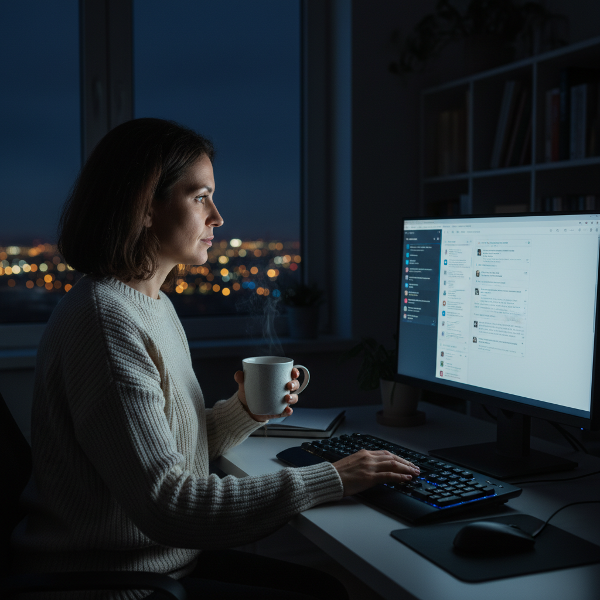 מנהלת אתר ייעוץ פסיכולוגי לבדה בלילה, מול מחשב מלא בחיבורים מקצועיים אך בסביבה אישית ריקה ושקטה.