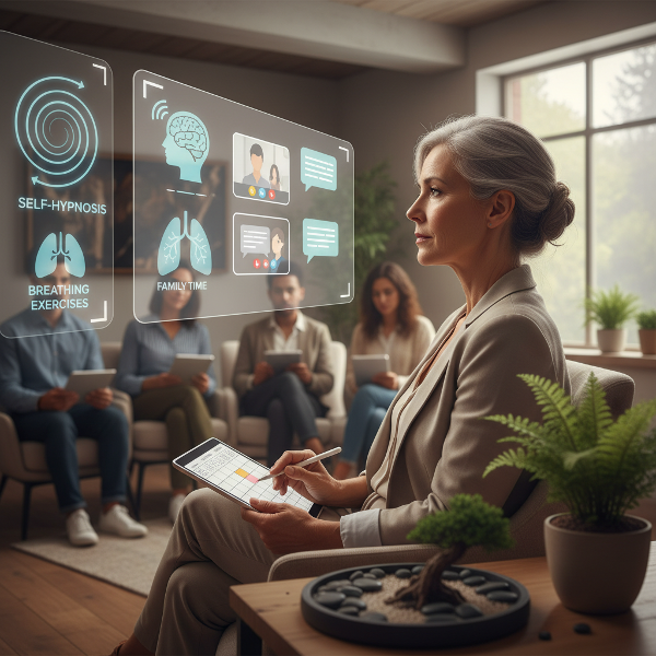 אישה בת 58 מתלבטת בין התפתחות מקצועית לצמיחה אישית, מוקפת בסמלים של פסיכולוגיה מקוונת, היפנוזה עצמית, תרגולי נשימה וטבע.