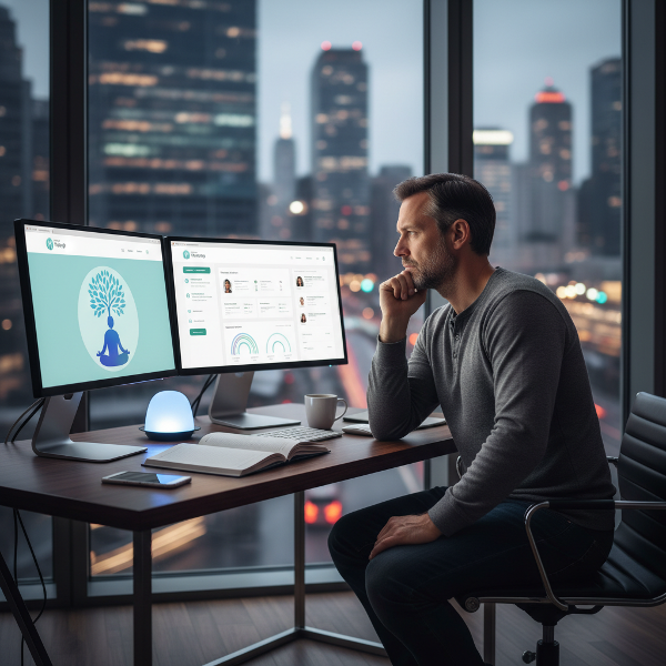 גבר בן 43, מנהל אתר טיפולי, מביט בחלון בעודו מוקף בטכנולוגיה, ומבטא את המתח בין הידע המקצועי לתחושת התקיעות האישית בתוך קצב החיים העירוני.