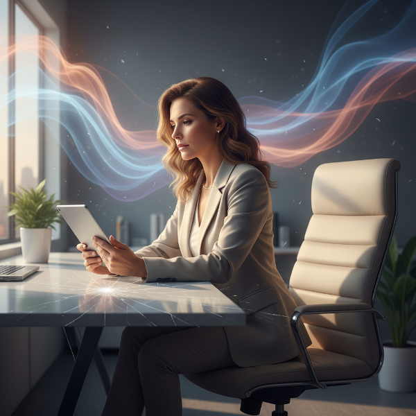 אישה בת 49 בחדר עבודה מודרני, מוקפת בסמלים ויזואליים עדינים של שינויים הורמונליים ומתח זוגי, במצב של הרהור עמוק.