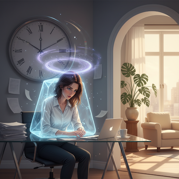 איור הממחיש את המתח בין שחיקה בעבודה לבין החיפוש אחר איזון וריפוי, עם אלמנטים של עומס, סחרחורת וניצוץ של תקווה.