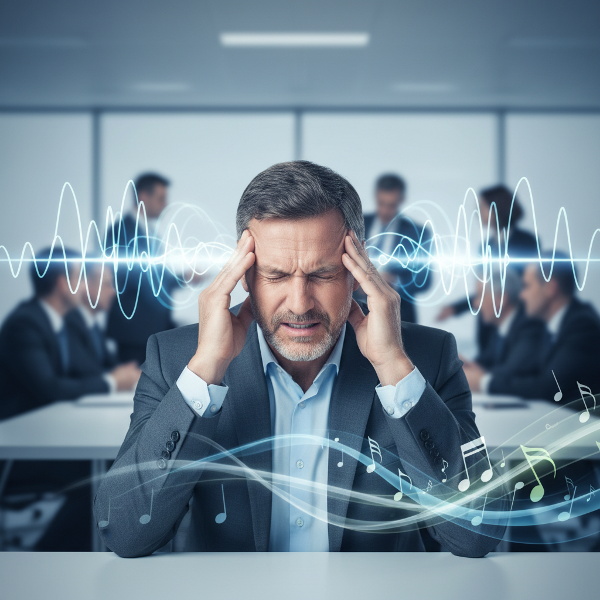 גבר בן 40 חווה לחץ וטינטון במהלך משא ומתן בעבודה, עם הדמיה של גלי קול וסמלים של טכניקות הרגעה.