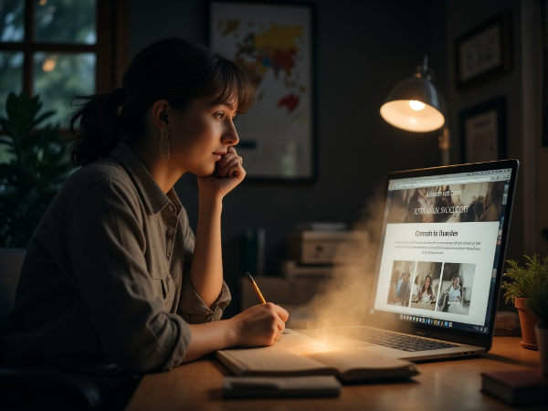 פסיכולוגית בת 49 מול המחשב שלה, מהרהרת תוך כדי עבודה. צללי עבר משפחתי מרחפים ברקע, בעוד אור חדש של הצלחה מקצועית מתחיל לנצנץ.