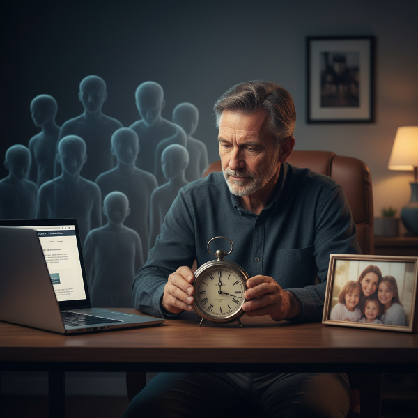 פסיכולוג מותש בעבודתו המקוונת, כשהוא מוקף בצללי מטופלים ובתמונת משפחתו, ומנסה להציב גבול סמלי ביניהם.