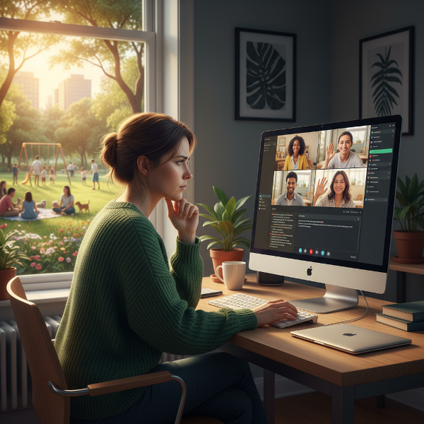 אישה בת 37 בעבודה מהבית, מביטה במסך המחשב עם רצון לקשר אמיתי, בעוד מחוץ לחלון נראים אנשים מתקשרים בפארק.