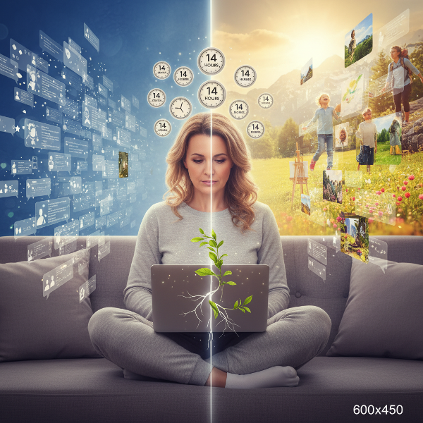 אישה עובדת מרחוק לכודה בין שעות עבודה אינסופיות לחיים אישיים ריקים, עם סמלים של גבולות וניצני איזון.
