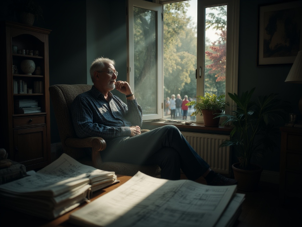 גבר מבוגר יושב בבדידות בסלון, מול חלון המשקיף על חיים פעילים בחוץ, בעוד קרן אור עדינה נוגעת בו, מסמלת את האפשרות לשינוי והתחדשות.