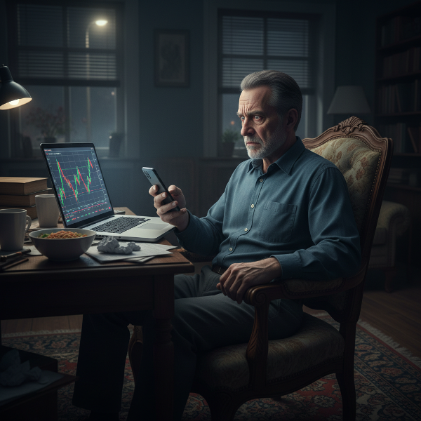 גבר מבוגר יושב בלילה בחדר חשוך, מביט בחרדה במסך מחשב עם גרפי שוק ההון, תוך שהוא בודק את הטלפון בכפייתיות, ומרגיש מבודד וחסר שליטה.