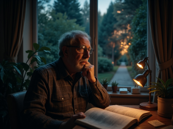 גבר מבוגר בערב יושב בחדר שקט וחושב, מולו יומן פתוח ותג עבודה ישן. בחוץ נראה שביל המוביל ליער, המסמל מסע חדש של גילוי עצמי.