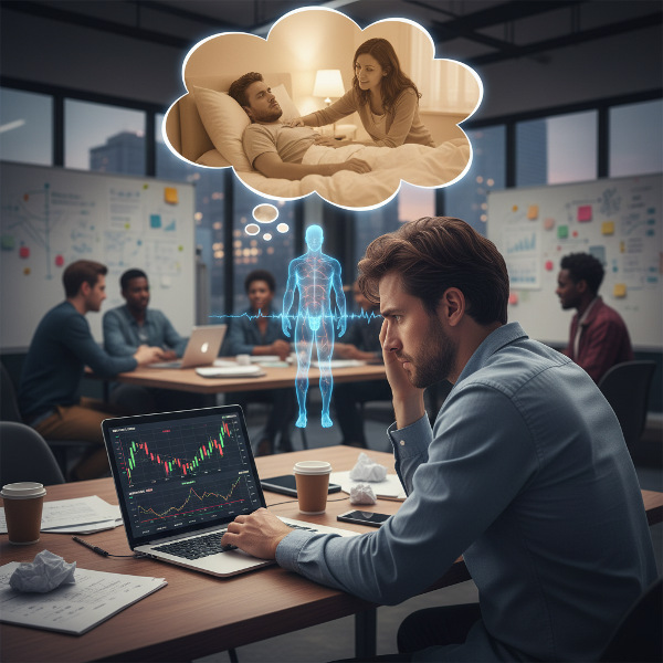 גבר צעיר בלחץ עבודה בסטארט-אפ, עם מחשבות על קשיים אינטימיים, הממחיש את הקשר בין לחץ כרוני לתפקוד מיני.