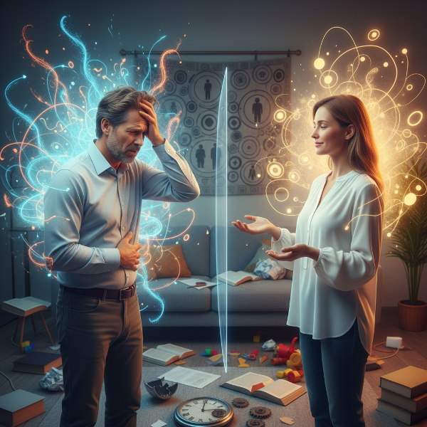 גבר מבוגר עם כאבי ראש ובטן עומד בסלון מבולגן, מול פסיכולוגית מרגיעה, במצב הממחיש מתח זוגי נוכח ADHD ותסמינים פסיכוסומטיים.