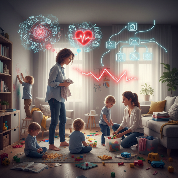 אמא במתח מביטה במטפלת העובדת בבית, חשה כעס פנימי וקונפליקט בין הצורך בשליטה לבין המציאות.