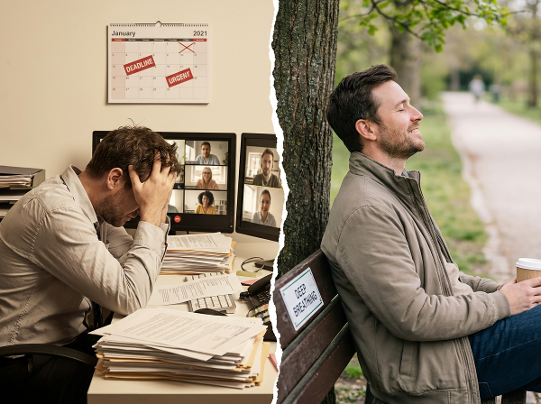 איור המראה ניגוד בין גבר מבוגר בלחץ בעבודה מול מחשבים וערימות ניירת, לבין אותו אדם מבצע פעילות מרגיעה כמו נשימה או הליכה בפארק, הממחיש את המעבר משחיקה לחיפוש איזון.