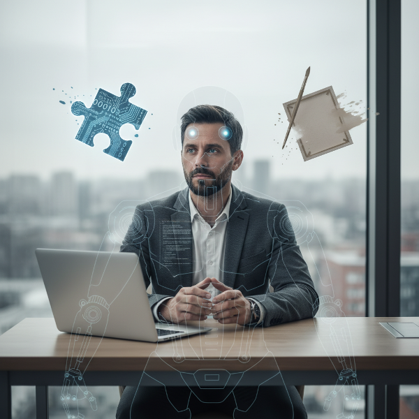 מתכנת בן 38 במשרד מודרני, נראה מנותק למרות ההצלחה החיצונית, עם סמלים של תכנות ואמנות דהויים, ומראה של רובוט שקוף הממחיש את תחושתו הפנימית.