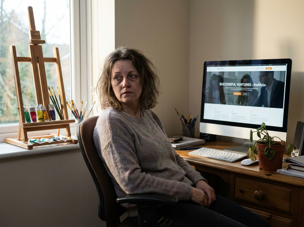 אישה בת 49 יושבת מול מחשב במשרד ביתי, נראית עייפה ומנותקת, למרות הצלחת האתר על המסך. בחוץ מונחים ציוד אמנות לא בשימוש. התמונה מראה את הניגוד בין הסדר החיצוני לריקנות הפנימית.