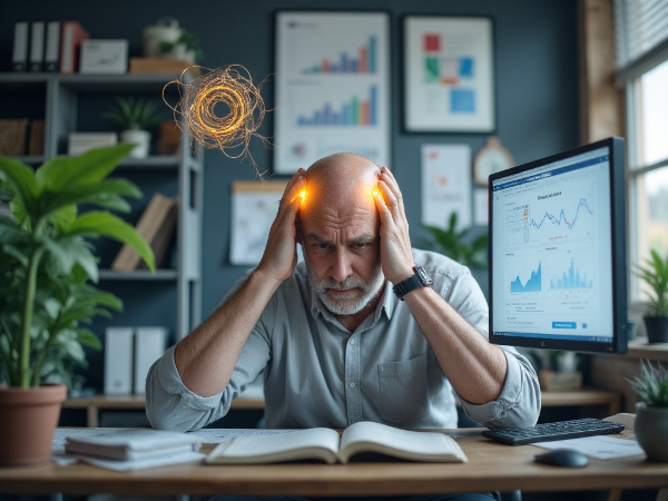 גבר בשנות החמישים לחייו, מנהל בחברה טכנולוגית, יושב ליד שולחן העבודה שלו ומחזיק את ראשו בכאב, כשלצידו מסך מחשב ותאריכי ישיבות חשובות מסומנים. ברקע, אלמנטים המסמלים מתח והקלה.