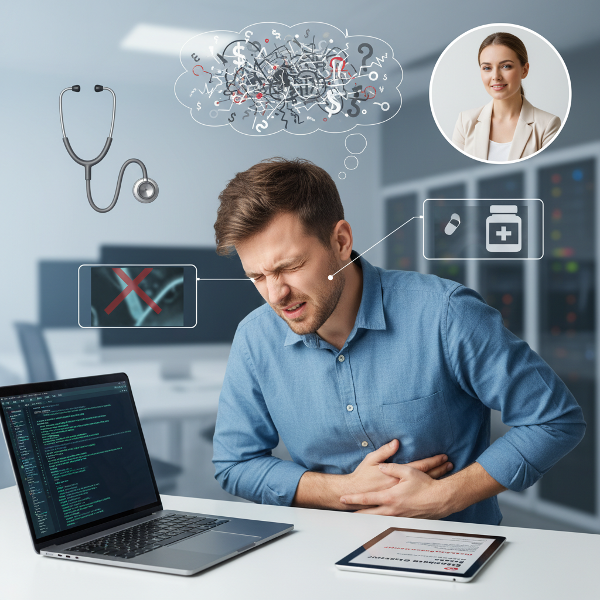 מנהל הייטק צעיר סובל מכאבי בטן ליד שולחן העבודה שלו, כשלצידו סמלי קריירה וחלומות סותרים, בעוד דמותה של פסיכולוגית מופיעה ברקע כמקור להבנה והכוונה.