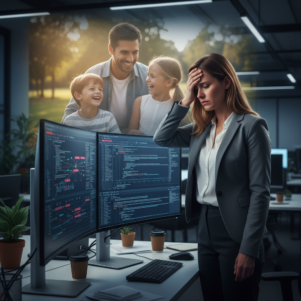 מנהלת פרויקטים בחברת הייטק עומדת בלחץ בין עבודה לבית, עם הבעת תסכול וקונפליקט פנימי מול מסכי מחשב ומשפחתה.