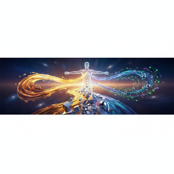 איור מופשט וצבעוני של אנרגיית מוטיבציה אנושית המתפצלת לשלושה זרמים ראשיים: הנאה פנימית, תוצאות מוחשיות ותגמולים חברתיים, הנפגשים במרכז הדמות.