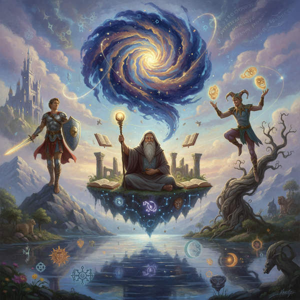 תמונה מיסטית של ארכיטיפים מיתולוגיים עתיקים העולים מתת-המודע הקולקטיבי בנוף חלומי, המייצגים את הפסיכולוגיה היונגיאנית ודפוסים אוניברסליים בנפש האדם.