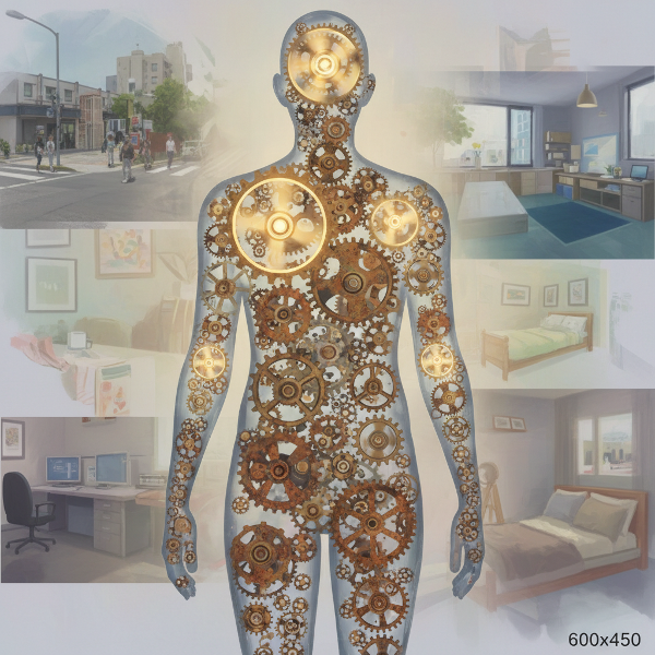 דמות אדם עם ציוד שיניים ושעונים שקופים בתוך צלליתו, המייצגים את ההרגלים האוטומטיים של חיי היומיום, על רקע מטושטש של סצנות שגרתיות.