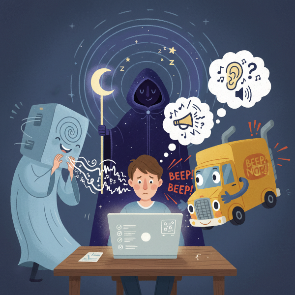 איור קליל של דמויות המייצגות רעשי רקע שונים כמו מזגן לוחש ומשאית מצפצפת, המקיפות אדם שעושה מבחן מקוון על מחשב נייד.