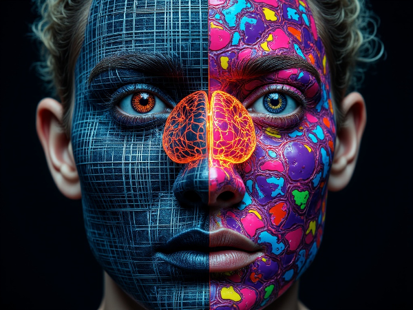 תמונה סוריאליסטית המראה פנים מפוצלות לחצי עם דפוסים נוקשים וחצי עם צורות זורמות, עם מוח זוהר במרכז שמראה מסלולים עצביים משתנים.