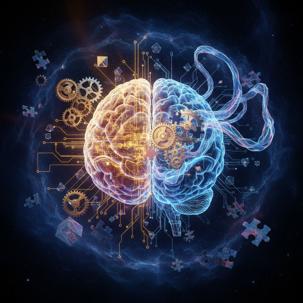 תמונה סוריאליסטית של מוח אנושי עם נתיבים עצביים היוצרים דפוסים נוקשים וגמישים, המסמלת את המתח בין חשיבה קבועה להתאמה למציאות משתנה.