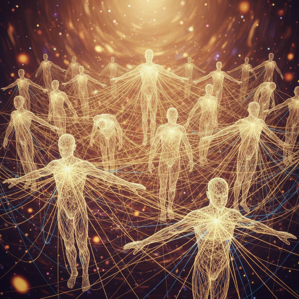 קבוצה מגוונת של אנשים מחוברים בחוטי אור זוהרים, היוצרים רשת מורכבת של קשרים בחלל מופשט וחמים, הממחישה את הכוחות הבלתי נראים של קהילה ושייכות.