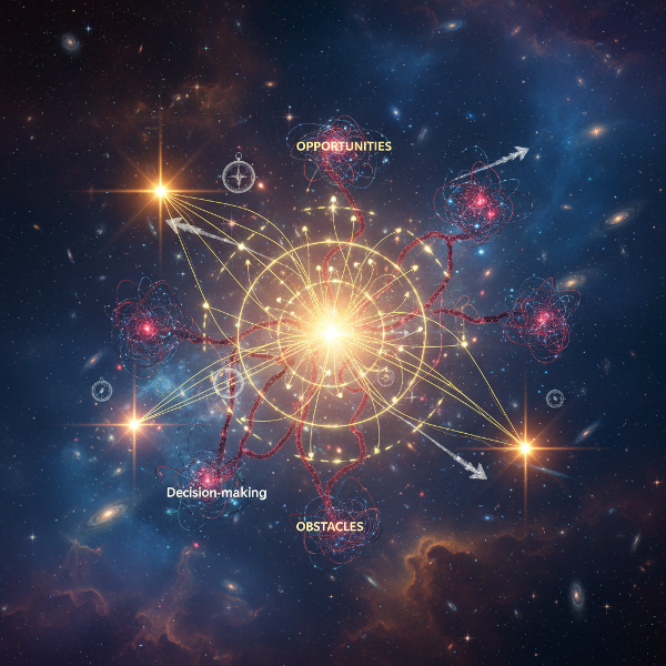 מפת מוח קוסמית וזוהרת עם נתיבים מוארים וצמתים מורכבים, המסמלת את דפוסי החשיבה והניווט הפנימי בין הזדמנויות ואתגרים.
