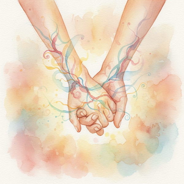 תמונה אמנותית של זוג האוחז ידיים, כשאצבעותיהם שלובות ויוצרות מפה עדינה וזוהרת של רגשות, גבולות ודרכי תקשורת, באווירה אינטימית וחמה.