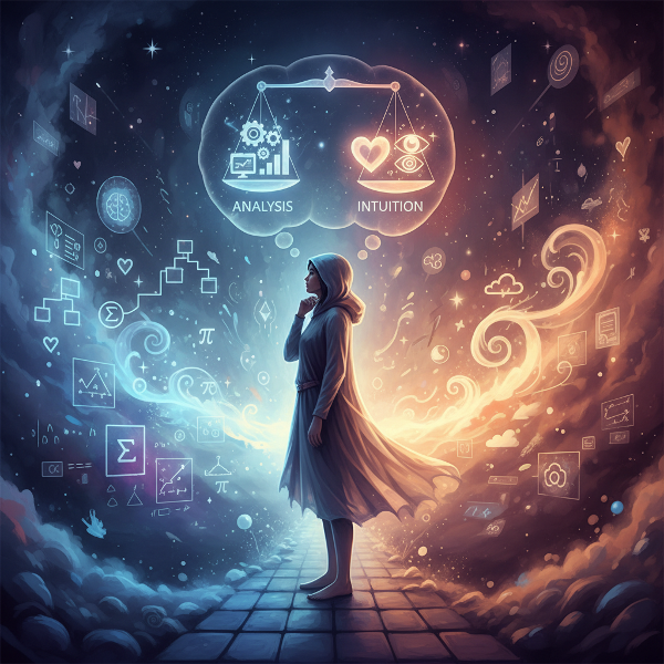 אדם עומד בצומת דרכים בין נתיב לוגי מסודר לנתיב אינטואיטיבי זוהר, כשמחשבותיו מאזנות בין ניתוח לתחושה.