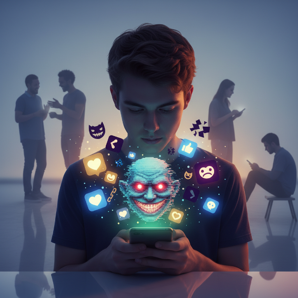 אדם מביט בהשתקפותו במסך סמארטפון, אך ההשתקפות היא אווטר דיגיטלי מעוות. סביבו מרחפים אייקונים זוהרים של מדיה חברתית, חלקם בהירים ומזמינים, אחרים אפלים ומאיימים.