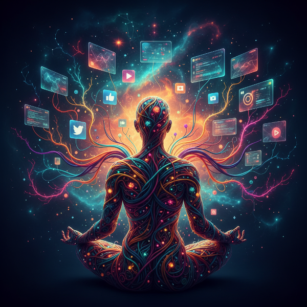 דמות אנושית סוריאליסטית הארוגה מחוטי אור דיגיטליים, חלקם בריאים וחלקם מפורקים וחרדתיים, בתוך ערפילית דמוית מוח המחוברת למסכים צפים.