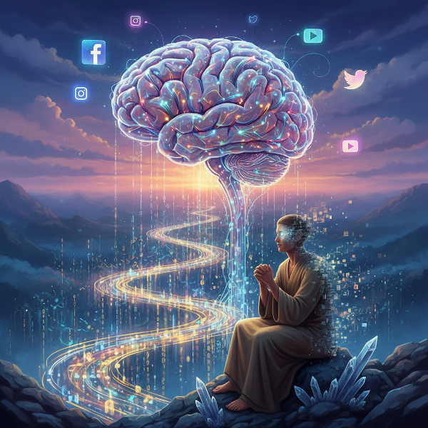 תמונה סוריאליסטית של נוף דיגיטלי המתמזג עם מוח אנושי, הממחישה כיצד הסביבה המקוונת מעצבת את התודעה והתפיסה העצמית.