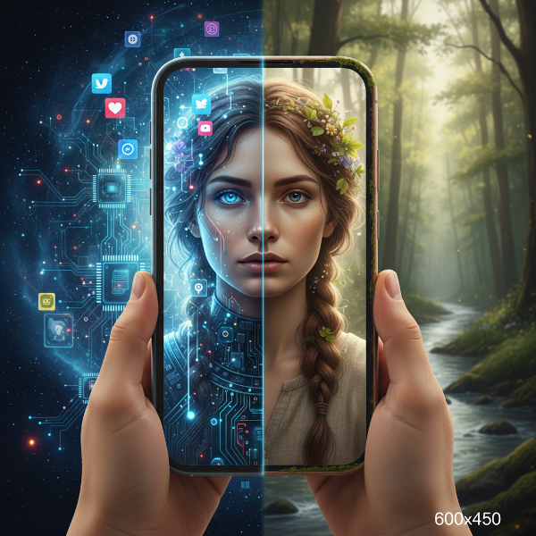 תמונה הממחישה את הקרע בין העצמי הדיגיטלי לעולם האמיתי, עם השתקפות בסמארטפון המחלקת את הדמות לשניים - צד אחד רווי הודעות ואפליקציות והשני שלו וטבעי.