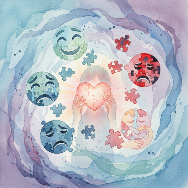 אדם מחזיק חתיכת פאזל בצורת לב זוהמת, עם חתיכות פאזל נוספות מרחפות סביבו שיוצרות פרצופים רגשיים שונים. רקע בצבעי מים רכים בכחולים וסגולים.