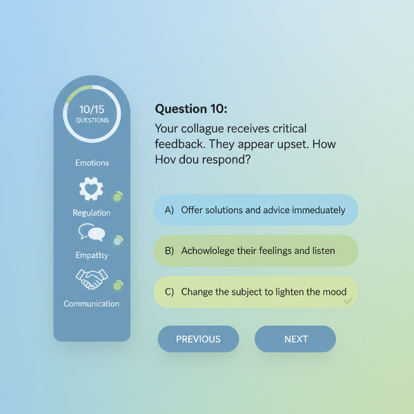 ממשק דיגיטלי נקי ומודרני של מבחן אינטליגנציה רגשית (EQ) עם 15 שאלות, סרגל התקדמות ואייקונים פשוטים.