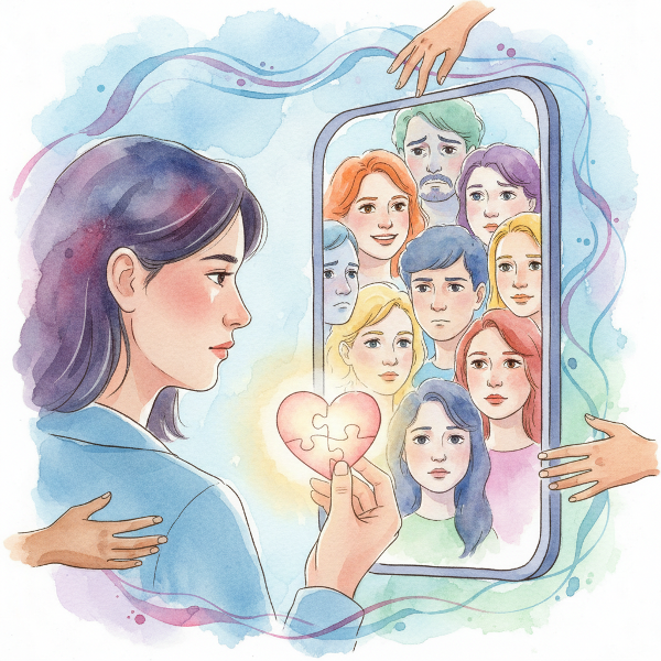 אדם מחזיק חתיכת פאזל בצורת לב זוהרת, מביט במראה המשקפת רגשות מגוונים. רקע בצבעי מים רכים עם רשתות עצביות מחוברות וידיים תומכות מושטות.