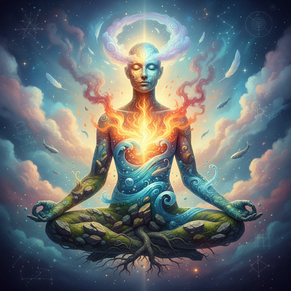 איור מיסטי של ארבעת אלמנטי הטבע - מים, אש, אדמה ואוויר - מתמזגים לצללית אנושית אחת, באווירה קסומה וסמלית.